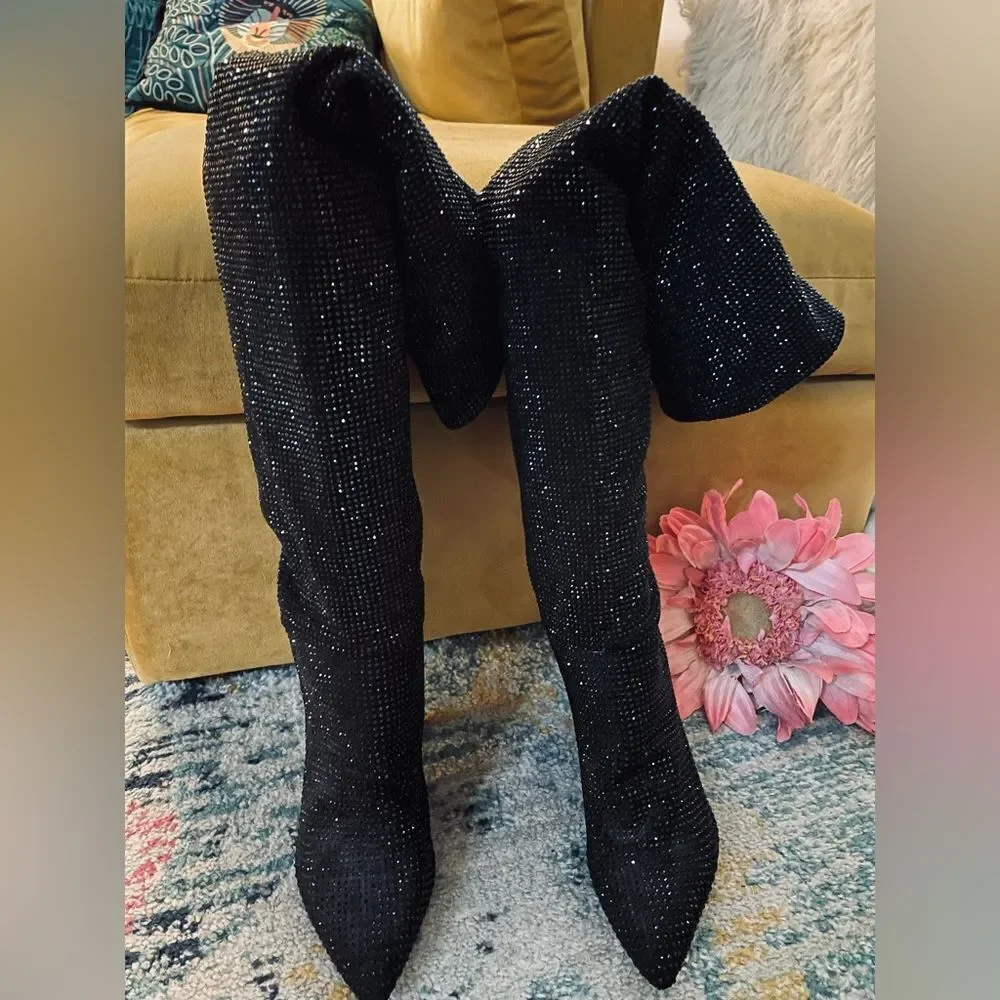 Black Rhinestone Over The Knee Thigh High Pull On Boots Triangle Heel 10